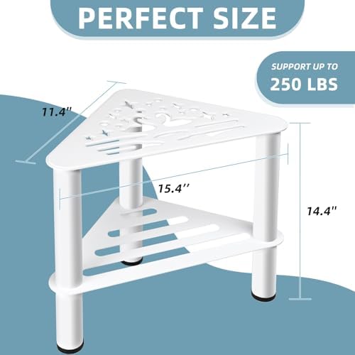 Corner Shower Stool for Shaving Legs - Metal Foot Rest Bench with Storage Shelf, Waterproof Non-Slip Chair for Bathroom Spa, White