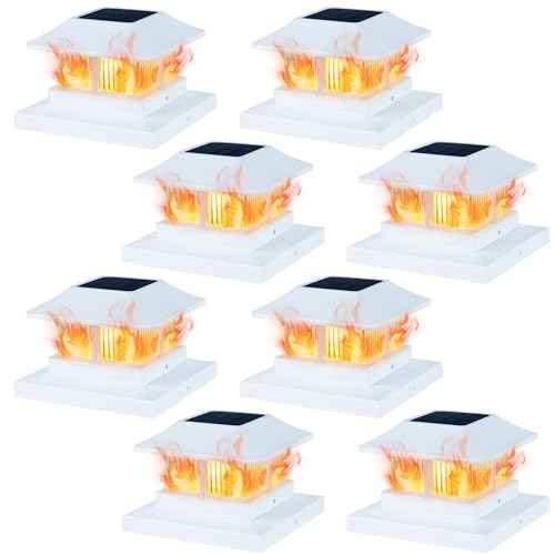 Dynaming Solar Flame Post Cap Lights Outdoor, Solar Powered White Shell Fence Post Light, Flickering Flame LED Lamps Waterproof for Garden Deck Patio, Fit 4x4, 5x5 or 6x6 Vinyl/Wooden Posts, 8 Pack