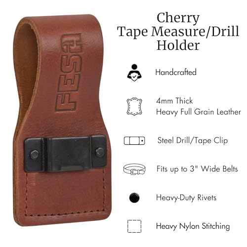 FESA Leather Tape Measure Holder for Belt with Steel Clip & Reinforced Heavy Duty Rivets - Leather Drill Holder for Tool Belts up to 3" Wide - Handcrafted