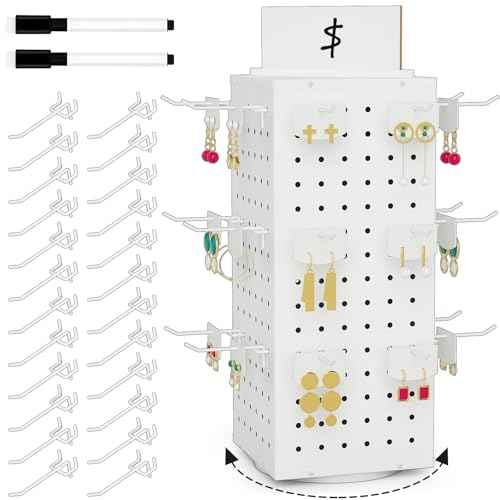 Rotating Pegboard Display Stand with 24 Hooks, Tabletop Metal Peg board Shelf for Craft Shows & Fairs, Retail Stores, Vendors Arts and Crafts Finishing - 4-Sided Craft Rack Organizer (White)