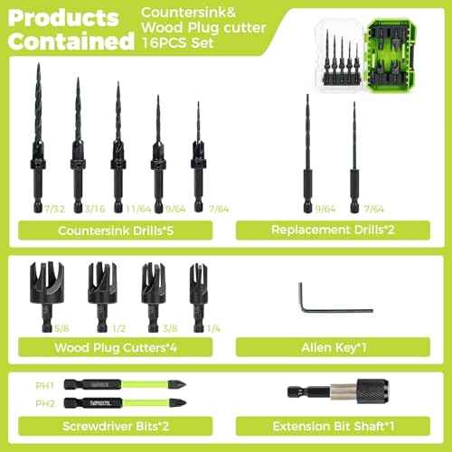 Countersink Drill Bit Set, 16PCS M2 Cobalt HSS Woodworking Tool Set, Adjustable Depth Tapered Drill Bits with 4 Wood Plug Cutters & 1/4" Hex Shank, Counter Sink Drill Bit for Wood