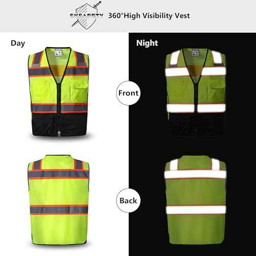 SKSAFETY 10 Pockets Professional level Safety Vest, Class 2 High Visibility Security Vest with Zipper, Hi Vis Vest with Reflective Strips, ANSI/ISEA Standard, Construction Work Vest£¨Lime Black, 3XL£©
