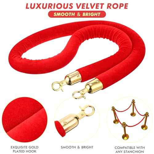 Woanger 6 Pack Velvet Stanchion Rope, 5 Feet Crowd Control Stanchion Ropes Safety Barrier with Gold Plated Hook for Carpet Events Movie Theaters Grand Openings Hotels Party (Red)