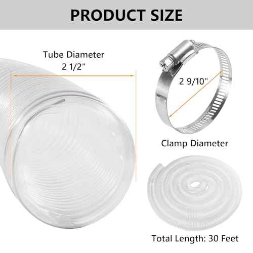 2 1/2" x 30' PVC Dust Collection Hose, Puncture Resistant Fume Collection Hose with 8 Pieces Stainless Steel Clamps, Clear Dust Collector for Woods Debris