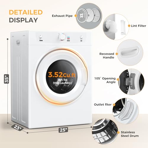 Feelfunn 3.5 Cu.Ft Compact Dryer - 1500W Portable Clothes Dryer with Stainless Steel Tub, Front Load Tumble, Four Functions - Compact Drying Unit for Apartments, Dorms, Laundry