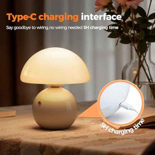 NIORSUN Wireless Mushroom Lamp,Table Lamp for Bedroom, Portables Cordless Lamps,Wireless lamp,Small Bedside Table Touch Lamps for Living Room,Mini Mushroom 5200mAh Battery Operated Lamp Modern (White)