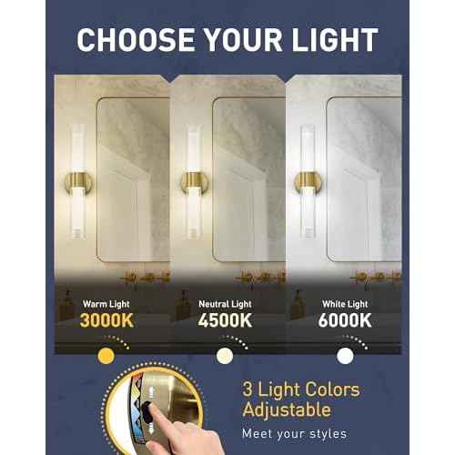 kudos Gold Bathroom Sconces Wall Lighting, Bathroom Vanity Light, Modern Wall Lights with Clear Glass and Frosted Glass,3000K/4500K/6000K Adjustable, KDVL06-GD-2