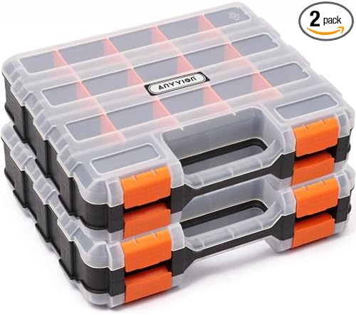 Anyyion Small Parts Organizer, 34-Compartments Double Side parts organizer with Removable Dividers for Hardware, Screws, Bolts, Nails, Beads, Jewelry. (2 Pcs, Orange)