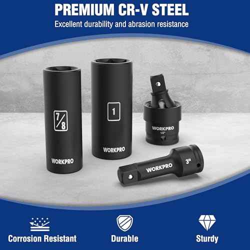 WORKPRO 20-Piece 1/2£¢ Drive Deep Impact Socket Set, 6-Point, Cr-V Steel, 10-27mm, Universal Joint, Adapter and Extension Bar, SAE