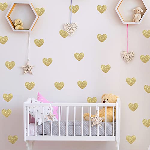 72 Pcs Love Heart Wall Decals Removable DIY Gold Glitter Love Heart Wall Decals Vinyl Sparkle Hearts Wall Stickers Peel and Stick Art Decor Murals for Girls Kids Bedroom Nursery Playroom