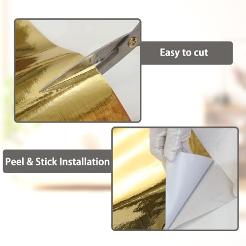 Brushed Gold Peel and Stick Wallpaper Border, PVC Self Adhesive Removable Contact Paper, Waterproof Mirror Frame Sticker for Bathroom, Kitchen and DIY Decor (394''L x 3.94''W)