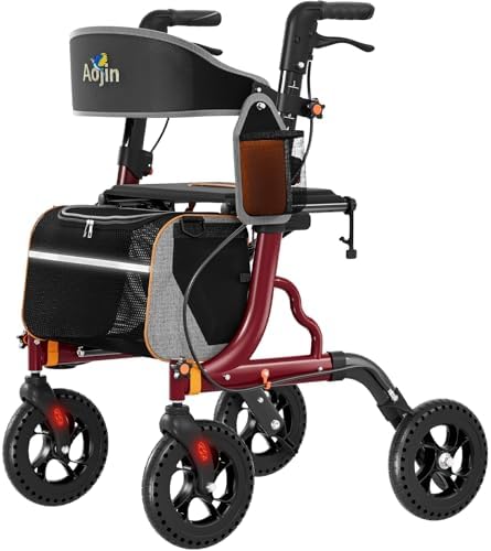 Rollator Walkers for Seniors with Seat, Foldable Walkers for Seniors, 8" All-Terrain Wheels, 18" Big Seat, 6-Level Adjustable Height Rolling Walker, 350 lb, Walker for Seniors & Adults (Burgundy)