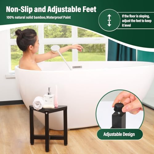 TYYIHUA Shower Foot Stool for Shaving Legs 13.2", Bamboo Shower Stool for Inside Shower, Corner Shower Foot Rest for Small Spaces, Waterproof Small Shower Bench for Bathroom, Black