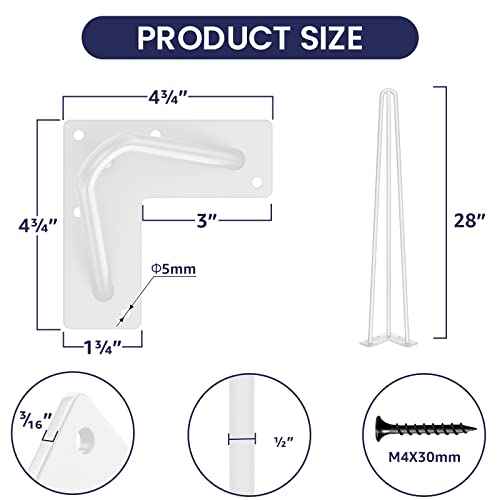 SMARTSTANDARD 28 Inch Hairpin Table Legs, 3 Steel Rods 1/2 Inch Pipe Diameter, 800lbs Load Capacity, Mid-Century Style for Coffee Table, Side Table, Night Stand (White, 4PCS)