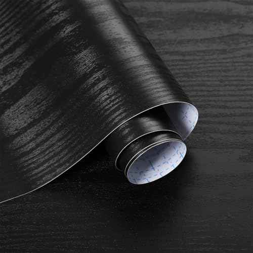 Ismoon Black Contact Paper Peel and Stick Wallpaper 17.5''x118''Wood Grain Contact Paper for Cabinets and Drawers Removable Self-Adhesive Modern Renter Friendly Wallpaper for Desk Countertops Vinyl