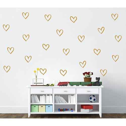 56pcs Set Heart Wall Stickers 4 Different Shapes of Hearts Hand Drawn Heart Decals Nursery Wall Decor Kids Room Wall Art Wall Decals Easy to Stick Y88 (Gold)
