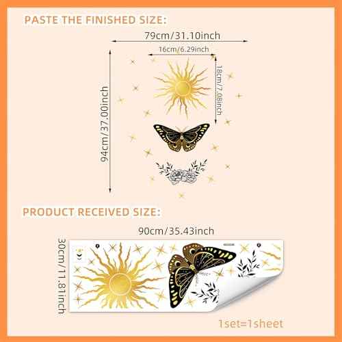 Sacred Golden Sun Stars Black Butterfly Peony Wall Stickers, sacinora Middle Ages Wall Decals Removable Vinyl Peel and Stick for Living Room Bedroom Art Home Decorations
