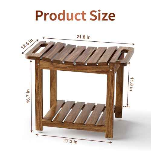 Shower Benches for Inside Shower to Sit on, Acacia Wood Bathroom Bench with Storage, Waterproof Shower Seat for Inside Shower, with Handles & Shower Head Holder, No-Slip
