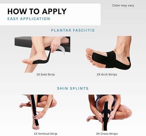 Plantar Fasciitis Tape, 20 Applications - Precut Kinesiology Tape Strips for Foot Soreness Relief - Also Great for Shin Splints - Includes 20 2x10" Strips & 40 2x5" Strips (Black, 20 Count)