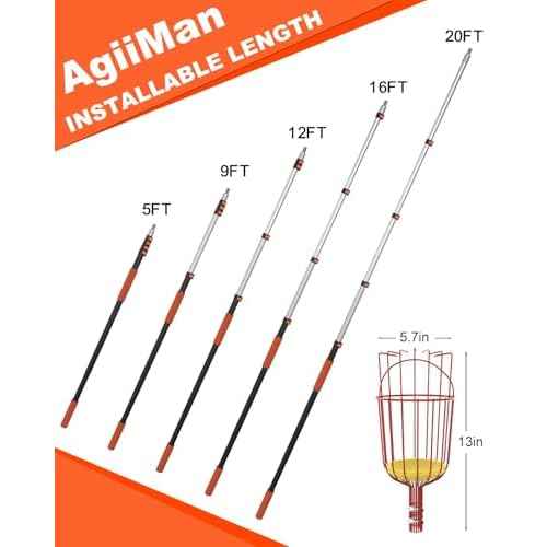 AgiiMan 5 to 20 FT Fruit Picker Pole - Reach to 26 FT Fruit Picker with Telescopic Extension Pole, Lightweight and Sturdy Aluminum Telescopic Pole, Easy to Assemble Fruit Picking Basket