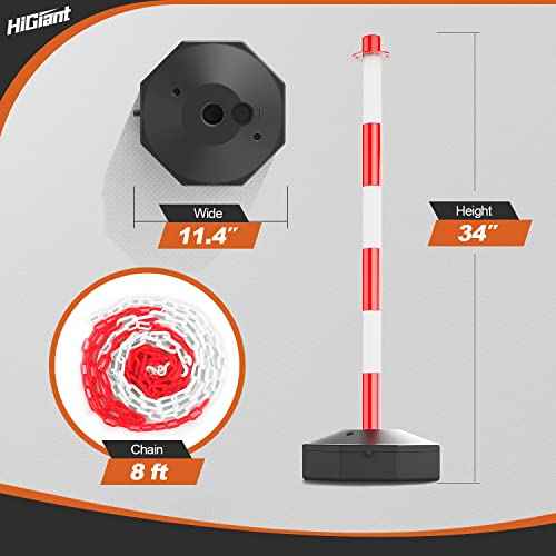 HiGiant 2 Pack Portable Delineator Post Cones with Fillable Base, Expandable Traffic Safety Barriers, 8Ft Chain Stanchion for Parking and Construction [Red/White]