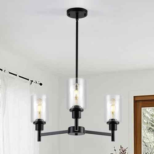 9MMML Farmhouse 3-Light Glass Chandelier, Modern Black Chandelier for Kitchen, Dining Room, Living Room, Foyer, E26 Bulb Base