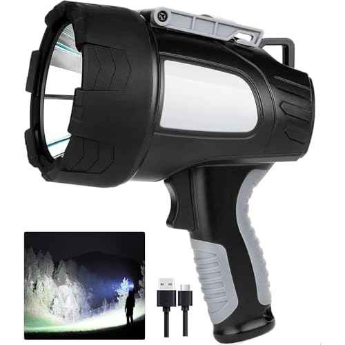 LBE Rechargeable Spotlight Outdoor, 90,000 Lumens Led Spotlight Flashlight with Cob Light and Foldable Tripod, 6 Modes Waterproof Handheld Spot Light for Outdoor Marine Boating H?nting