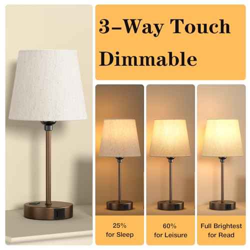 Brown Bedside Lamps for bedrooms Set of 2 - Nightstand Bedroom Lamp with USB C Port and AC Outlet Charging, 3 Way Dimmable Touch Control Small Bed Side Table Lamp, Nightstand Light for Kids