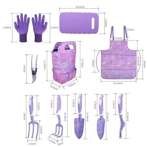 Purple Garden Tool Sets 10-Piece, Aluminum Alloy Steel Hand Tools w/Non-Slip Ergonomic Handle, Floral Print Garden Supplies Organizer Handbag, Cute Gardening Tools Gift for Women Grandmother