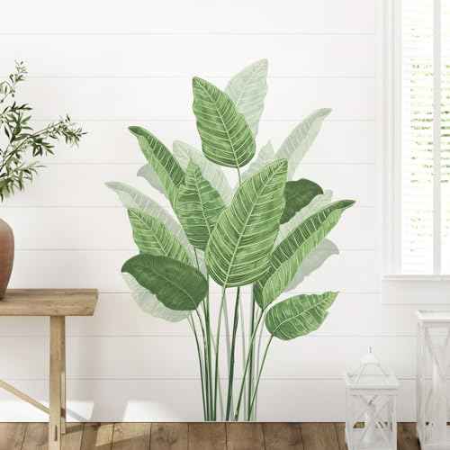 Tropical Plant Leaves Wall Decals, Boho Spring Summer Green Palm Leaf Bird of Paradise Wall Stickers Poster Art Murals Decor for Adult Nursery Classroom Living Room Office Bedroom Gifts for Mom