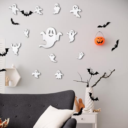 24pcs 3D Ghost Stickers - Reusable Cute Halloween Decor - Self-Adhesive White Ghost Wall Stickers for Gothic Window, Door, Wall, Room, Closet