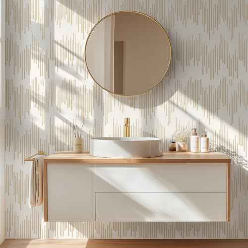 WENMER Beige Striped Wallpaper, Geometric Peel and Stick Wallpaper, 17.7''¡¿118'' Gold Contact Paper, Beige Self Adhesive Removable Wall Paper for Bathroom Cabinets Kitchen