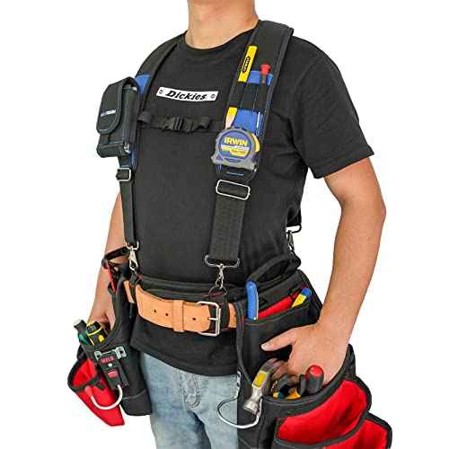 MELOTOUGH Tool Belt Suspenders Construction Work Belt Suspenders with detachable phone holder comfortable foam shoulder padder (Blue)