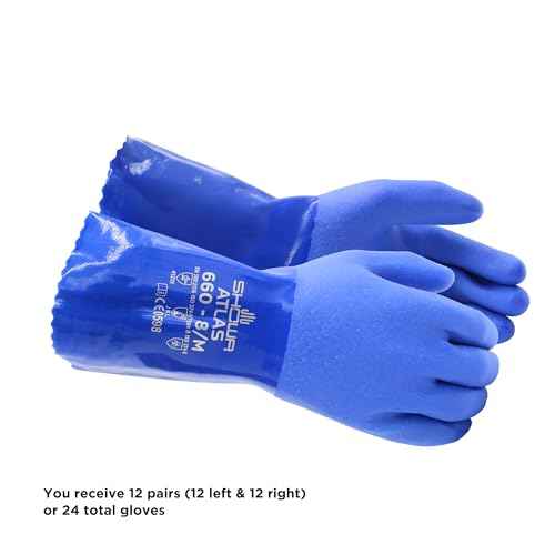 SHOWA Atlas 660 Triple-Dipped PVC Coated Chemical Resistant Safety Glove with Cotton Liner, 12" Length, Large (12 Pair)