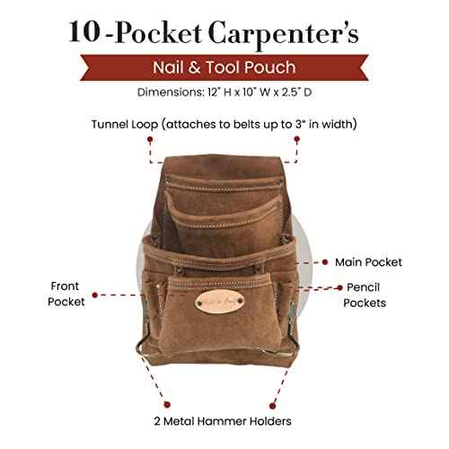 Style n Craft 10-Pocket Carpenter¡¯s Nail and Tool Pouch, Heavy-Duty Suede Leather Pouch, Dark Tan (88923)
