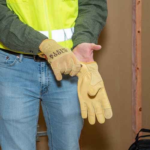 Klein Tools 60608 Work Gloves, All-Purpose Premium Leather Gloves, Abrasion-Resistant, Heavy-Duty, Ideal for Wire Pulling Work, Large