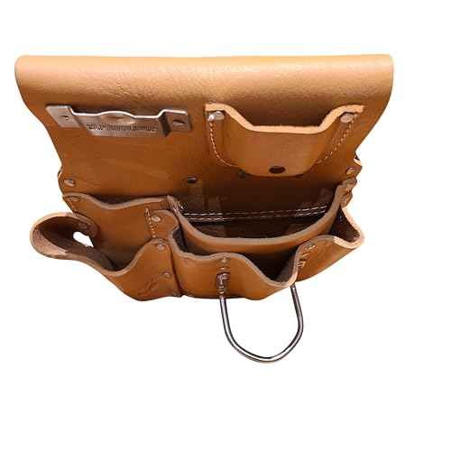 Genuine Leather Drywall Tool Pouch 3505R-TAN 8 Pocket Heavy Duty Top Grain Leather Drywall Pouch with Steel Hammer Loop & Tape Measure Clip - Fits Belts up to 2.5'