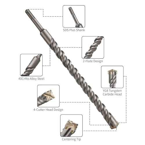 3/16 Inch x 12 Inch SDS Plus Rotary Hammer Drill Bit, Firecore Tungsten Carbide Long Drill Bits for Concrete Masonry Ceramic Tile Cement Walls Brick Rocks Stone, Brocas para Concreto