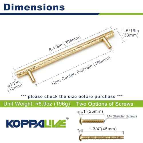6-Pack Solid Brass Kitchen Cabinet Pulls, Gold Modern T-Bar Handles, 6-5/16-Inch Hole Center Hammered Handles for Dresser Drawer Cupboard, 8-1/8 Inch Total Length, Polished Finish