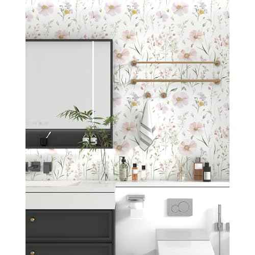 Floral Peel and Stick Wallpaper Boho Contact Paper Self Adhesive Removable Wallpaper Pink Floral 17.3''x78.7'' White Wildflowers Wall Paper for Bedroom Bathroom Art Deco Wall Papers Vinyl Roll