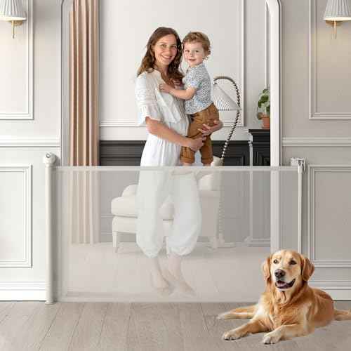 Retractable Baby Gate, Baby Gate for Stairs Auto-Lock, Dog Gates for Doorways Safety, Extends to 34.5x55in, White
