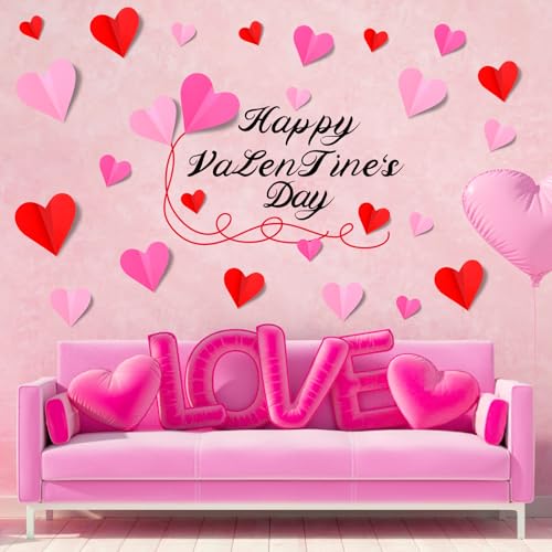 NOVWANG 120 PCS Valentines Day Wall Decorations, 3D Heart Red Rose Pink Valentine Wall Stickers Wall Decals, for Wedding Anniversary Party Bedroom Home Office Nursery Elementary Classroom Decor
