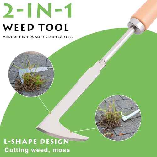 Crack Weeder, 12" Stainless Steel Crevice Weeding Tool with Wood Handle, L-Shaped Side-Walk Weed Puller Spatula, for Garden Lawn Yard Patio Terrace Paving Moss, Small Gardening Tool