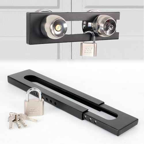 French Door Security Lock, Adjustable Double Door Lockout Device with Padlock, Reinforcement Locks for Knob and Handle Doors,Prevent Kick Ins,Childproof, Black