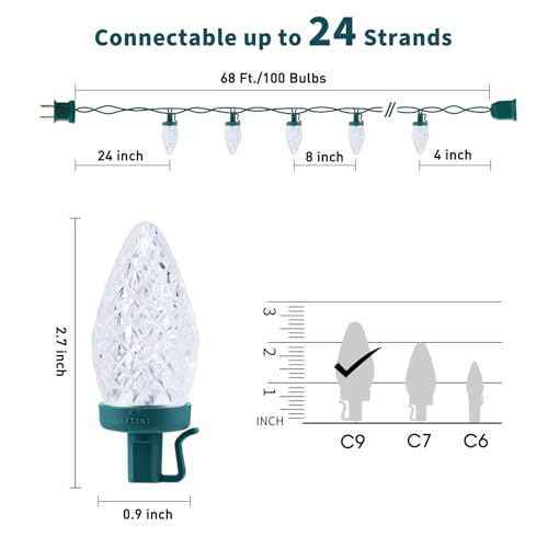 C9 LED Christmas Lights Outdoor, 68Ft 100 LED String with All in One Clips, Commercial Grade Waterproof Outdoor Christmas Lights for House Outside Roofline Xmas Decor, Pure White