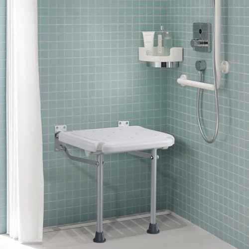 VEVOR Folding PE Shower Seat, 15.7'' x 14.8'' Unfolded, Wall Mounted Fold Up Shower Bench with 500 lbs Load Capacity, Space Saving Fold Down Shower Chair for Seniors Pregnant Women Children Adults