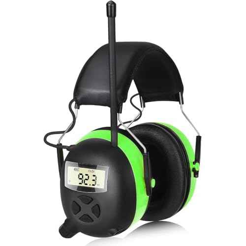 BJKing AM/FM Radio Headphones with Digital Display, 30dB AM FM Hearing Protection Safety Ear Muff, Ear Protection Headphone for Mowing, Landscaping, Shooting and Construction Black-Green