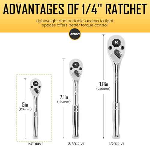 boen 1/4-Inch Drive Ratchet, 90-Tooth Quick-Release Ratchet Wrench, 4-Degree Swing, Reversible, Chrome Alloy Made, Full Polished