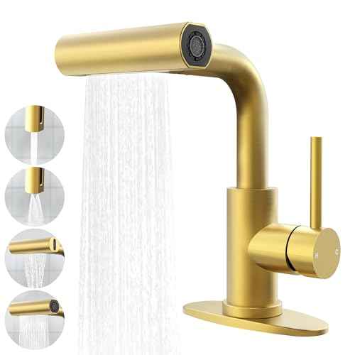 Gold Bathroom Faucet with Sprayer - Brushed Gold Bathroom Faucets for Sink 1 Hole or 3 Holes, 4 Mode Single Handle Vanity Faucet Waterfall Bathroom Faucet with Pull Down Sprayer (No Drain)