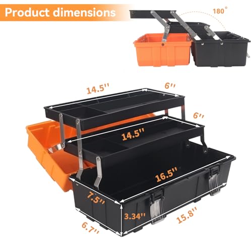 16.5-Inch Tool Box Organizer 3-Layer Multiplication Plastic Storage Toolbox with Portable Handle Perfect for Home Office Car Trunk Fishing